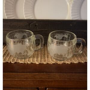 Set of 2 Nestle Vintage World Globe Map Etched Clear Glass Coffee Mugs Cups